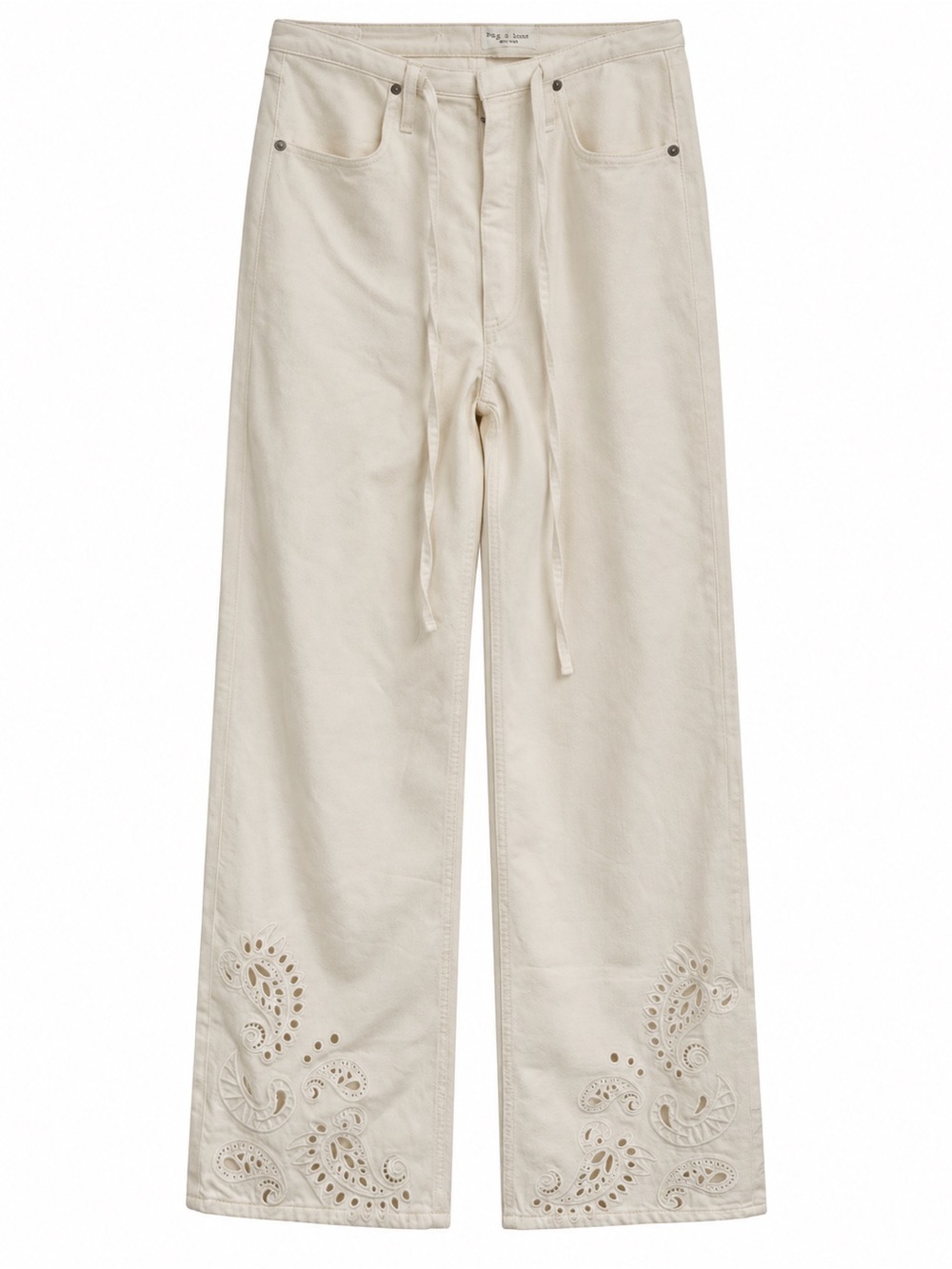 rag & bone White Wide Leg Embroidered Cream Jeans